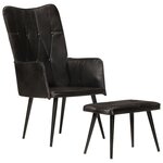 vidaXL Chaise à oreilles avec repose-pied Noir Cuir véritable