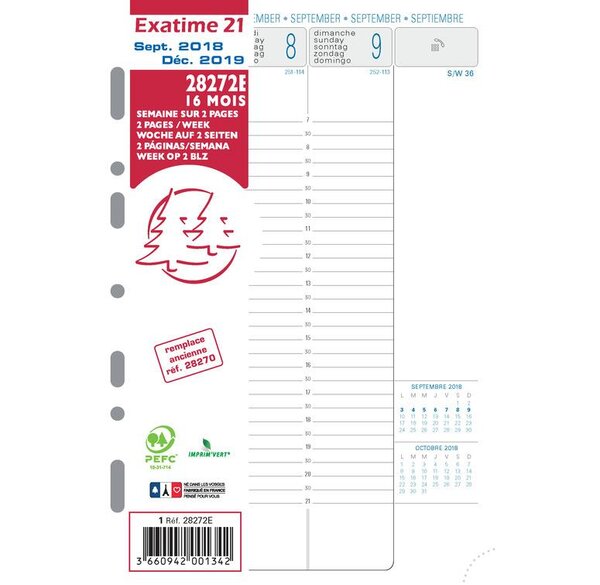 Recharge Exatime 21 semainier millésimé sem sur 2 pages vertical 210x142 mm EXACOMPTA