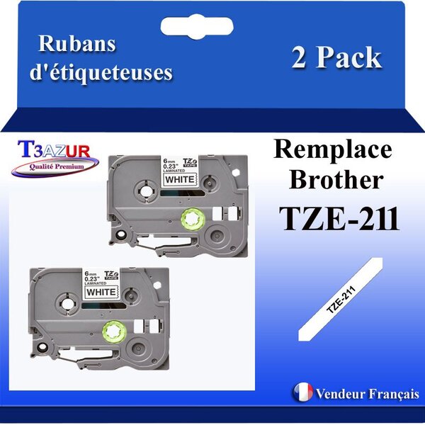 2x Rubans d'étiqueteuses compatibles avec Brother Tze211  Tze-211 pour étiqueteuses P-touch - Texte noir sur fond blanc - Largeur 6 mm x 8 mètres - T3AZUR