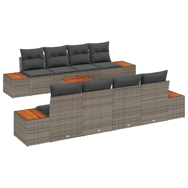 vidaXL Ensemble de Canapé de Jardin 9 Pièces avec Coussins Gris Poly Rattan Acacia