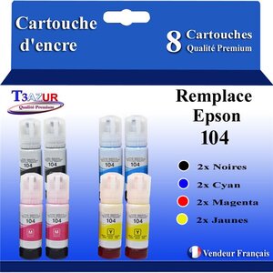 T3AZUR - 8x Bouteilles compatibles avec Epson 104 EcoTank