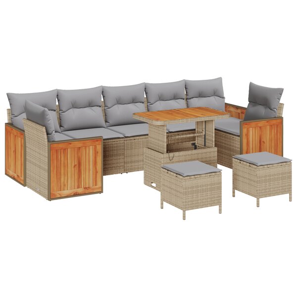 vidaXL Canapé de jardin 10 pièces avec coussins beige en poly rattan et acacia