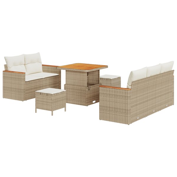 Ensemble de Canapé de Jardin 8 Pièces avec Coussins Beige Poly Rattan Acacia
