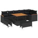 Ensemble de canapés de jardin 9 pièces avec coussins noirs en poly rattan et acacia