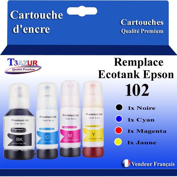 T3AZUR - 4x Recharges compatibles avec Epson EcoTank ET-3750  ET-3850  ET-4750  ET-4850  ET-4856  102