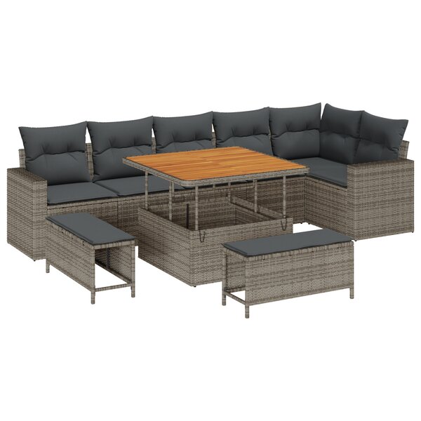 Ensemble de Canapé de Jardin de 9 Pièces avec Coussins Gris Poly Rattan Acacia