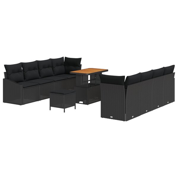Set de canapé de jardin de 11 pièces avec coussins Noir Poly Rotin Acacia
