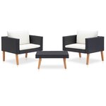 vidaXL Salon de jardin 3 Pièces avec coussins Résine tressée Noir
