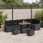 Ensemble de sofa de jardin 9 pièces avec coussins noir poly rattan acacia