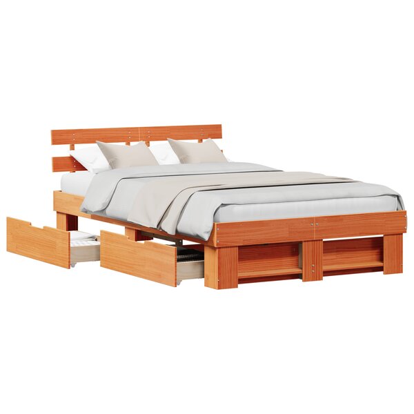 vidaXL Cadre de lit avec tiroirs Marron ciré 135x190 cm Bois de pin massif