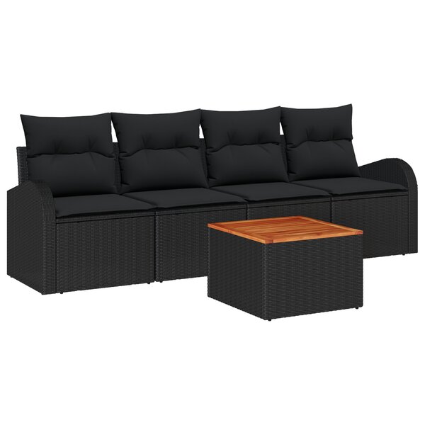 vidaXL Ensemble de Canapés de Jardin 5 Pièces avec Coussins Noir Poly Rattan Acacia