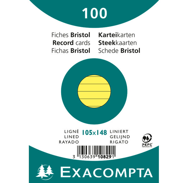 Paquet de 100 Fiches Bristol A6 jaune ligné. s/s film EXACOMPTA