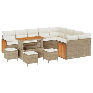 Ensemble de canapé de jardin de 13 pièces avec coussins Beige Rotin poly Acacia