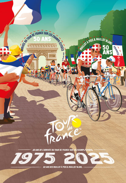 Bloc 2 timbres - 50 ans de l'arrivée du Tour de France sur les Champs-Elysées - 50 ans du maillot à pois et du maillot blanc - Lettre verte