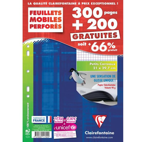 Lot de 250 Feuillets mobiles (500 Pages) Perforés A4 Quadrillé 5x5 petits carr... CLAIREFONTAINE
