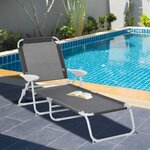 Bain de soleil pliable - transat inclinable 4 positions - chaise longue grand confort avec accoudoirs - métal époxy textilène - dim. 160L x 66l x 80H cm - gris foncé