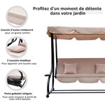 Balancelle de jardin convertible 3 places inclinaison toit réglable 2 tablettes + matelas 2L x 1 2l x 1 64H m métal époxy noir polyester beige