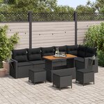 Ensemble de Canapé de Jardin 10 Pièces avec Coussins Noir Poly Rattan Acacia