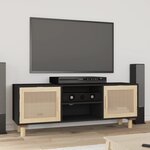 vidaXL Meuble TV Noir 105x30x40cm Bois de pin massif et rotin naturel