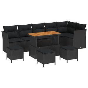 Set de canapé de jardin vidaXL 10 pièces avec coussins noir rotin poly acacia