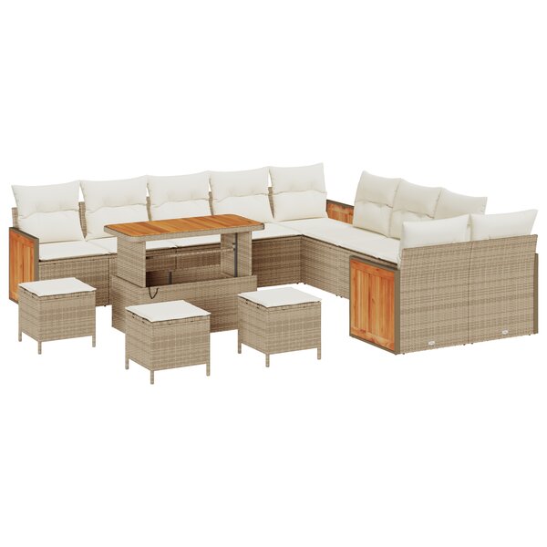 Ensemble de Canapé de Jardin 14 pièces avec Coussins Beige Rattan Acacia