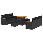 Ensemble de canapé de jardin 9 pièces avec coussins Noir Poly Rotin Acacia