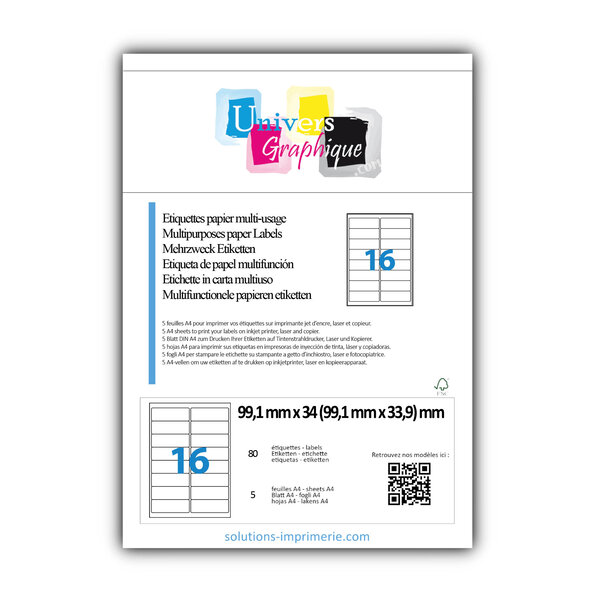 Lot de 5 planches a4 de 16 étiquettes à bords ronds 99 1 x 33 9 mm en papier blanc 70g/m² multifonction