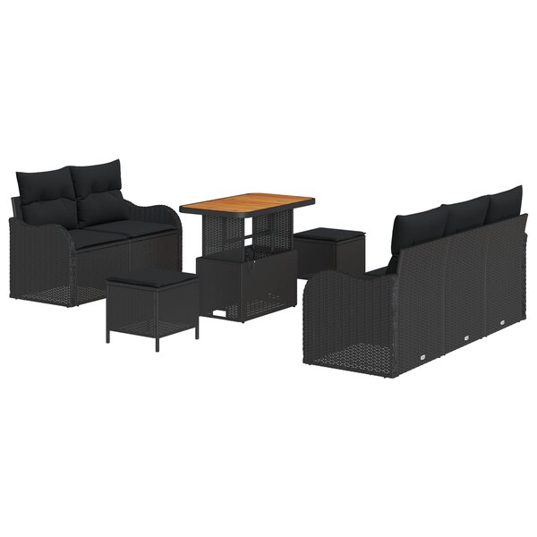 Ensemble de canapé de jardin en 8 pièces avec coussins noir poly rattan acacia