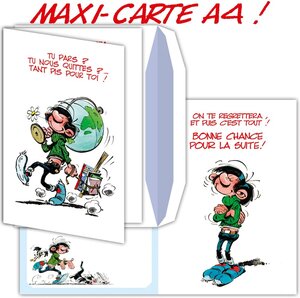 Grande carte départ gaston lagaffe avec enveloppe pour retraite ou déménagement