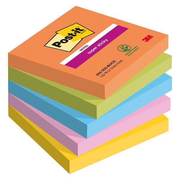 Notes couleurs boost super sticky post-it 76 x 76 mm - bloc de 90 feuilles - lot de 5