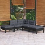 vidaXL Salon de jardin 5 Pièces avec coussins Noir Bois de pin