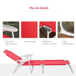 Bain de soleil pliable - transat inclinable 4 positions - chaise longue grand confort avec accoudoirs - métal époxy textilène - dim. 160L x 66l x 80H cm - rouge