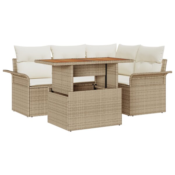 vidaXL Set de 5 pièces de salle à manger de jardin avec coussins Beige Poly Rattan Acacia