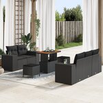 Ensemble de canapé de jardin 8 pièces avec coussins en poly rattan noir et acacia