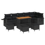 Ensemble de Canapé de Jardin 10 Pièces avec Coussins Noir Poly Rattan Acacia