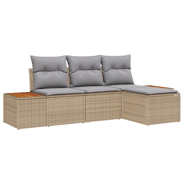 Ensemble de Canapés de Jardin 4 Pièces avec Coussins Beige Poly Rattan Acacia