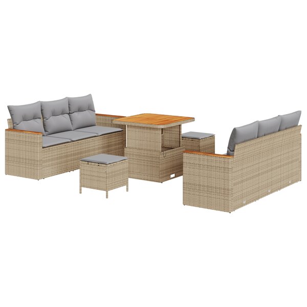 Ensemble de 9 Canapés de Jardin avec Coussins en Rotin Sintétique Acacia Beige