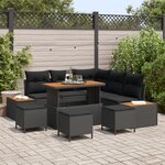 Ensemble de canapé de jardin 9 pièces avec coussins en rotin poly noir Acacia