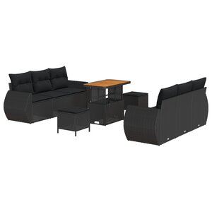 Ensemble de Canapé de Jardin 9 pièces avec Coussins Noir Poly Rattan Acacia