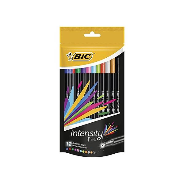 Pochette de 12 Stylo Feutre Fineliner Intensity Pte Baguée métal Fine 0,4mm Assortis BIC