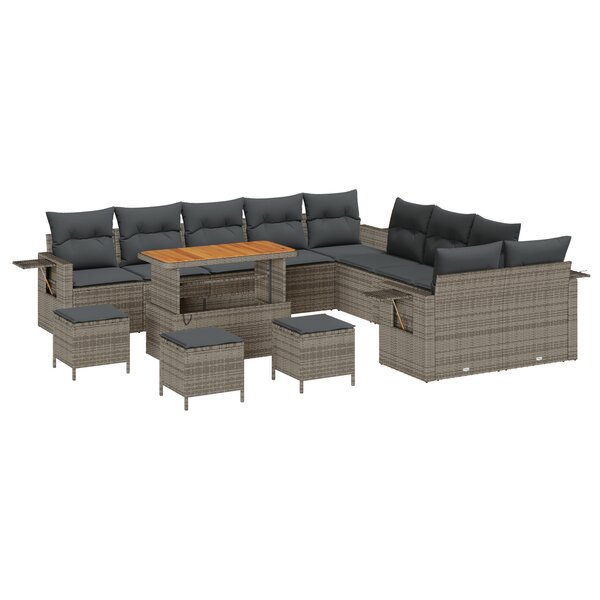 Ensemble de Canapés de Jardin 14 Pièces avec Coussins Gris Poly Rattan Acacia