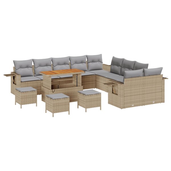 Set de sofas de jardin 14 pièces avec coussins Beige Polyrotin Acacia