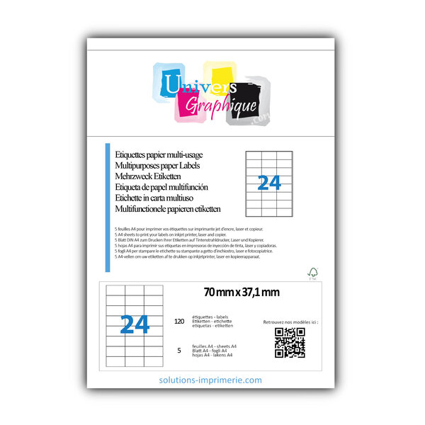 Lot de 5 planches a4 de 24 étiquettes à bords vifs 70 x 37 1 mm en papier blanc 70g/m² multifonction