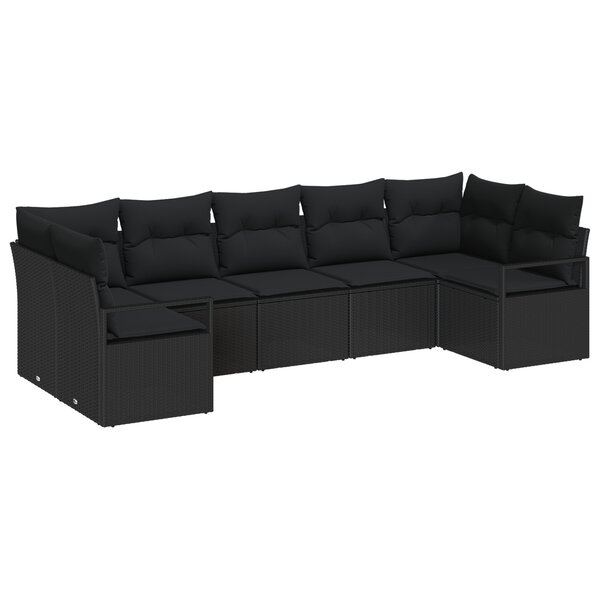 Ensemble de Canapés de Jardin 7 Pièces avec Coussins Noir Rattan Poly