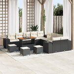 Ensemble de canapé de jardin de 14 pièces avec coussins en poly rattan noir et acacia