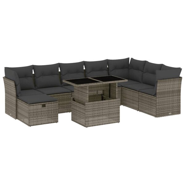 vidaXL Salon de jardin 9 Pièces avec coussins gris résine tressée
