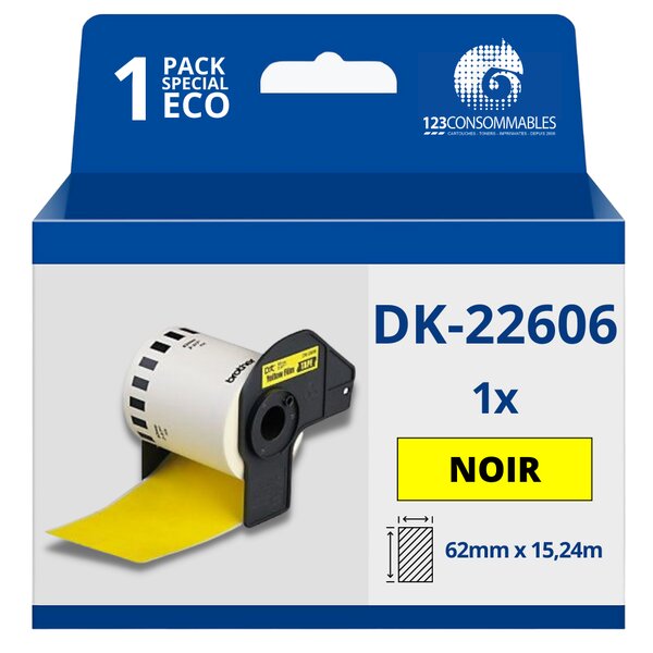 Étiquettes compatibles Brother DK22606 - Largeur 62 mm x 15 24 mètres - Texte noir sur fond jaune