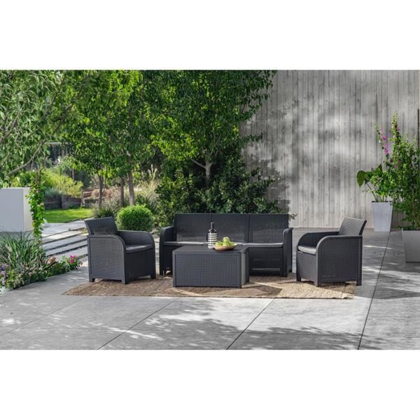 ALLIBERT by KETER - Salon de jardin SanRemo Storage 5 places - table basse coffre range-coussins - imitation rotin tressé - graphite