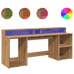 Bureau table poste de travail meuble d'ordinateur informatique étude avec lumières LED chêne artisanal bois d'ingénierie brun 02_0023414