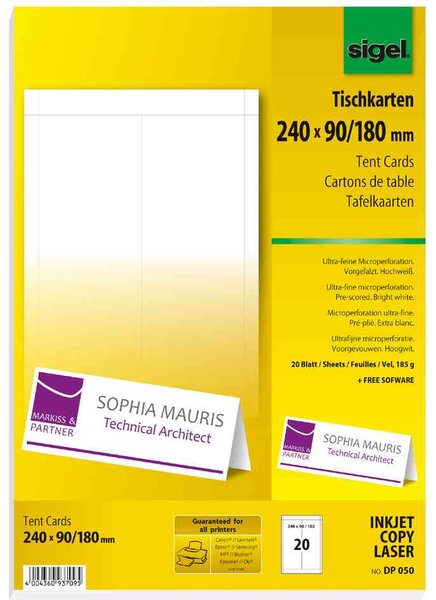 Cartes de table blanc 185 g Pliée 240x90/180 mm Pqt de 20 SIGEL